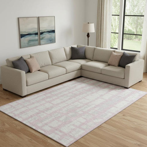 8' X 10' Pink And Beige Striped Washable Area Rug With UV Protection