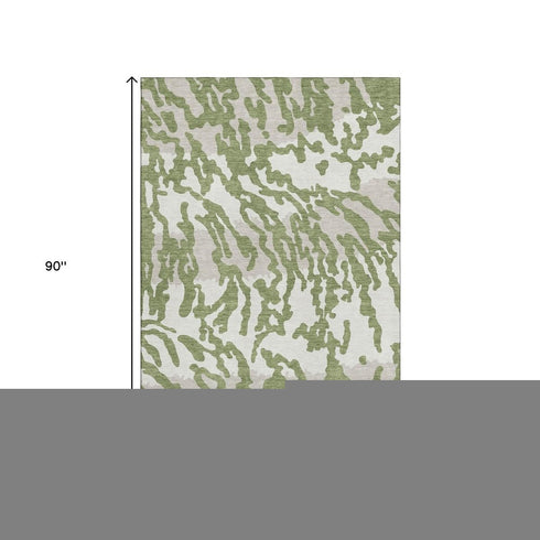 5' X 8' Green And Ivory Animal Print Washable Area Rug With UV Protection