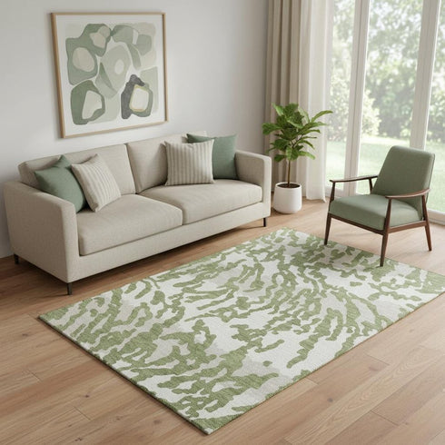 5' X 8' Green And Ivory Animal Print Washable Area Rug With UV Protection
