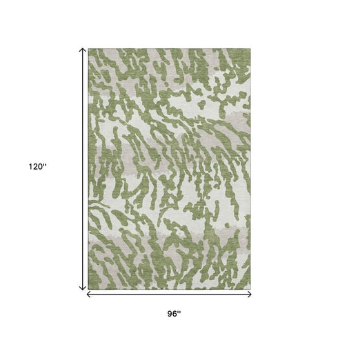 8' X 10' Green And Ivory Animal Print Washable Area Rug With UV Protection