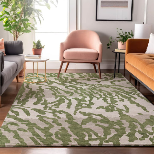 8' X 10' Green And Ivory Animal Print Washable Area Rug With UV Protection