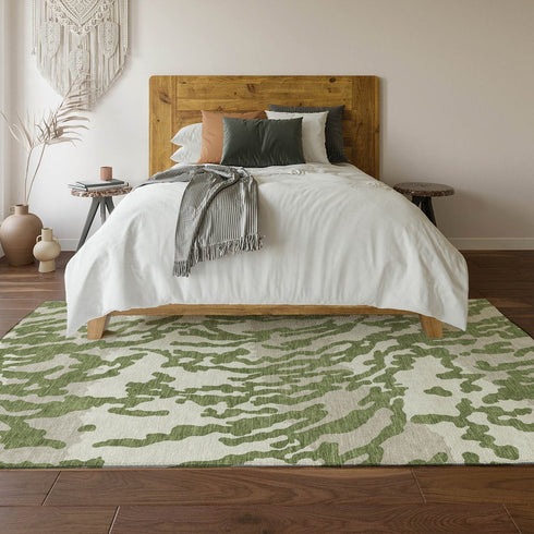 8' X 10' Green And Ivory Animal Print Washable Area Rug With UV Protection
