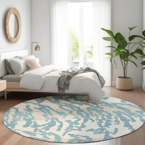 8' Teal And Ivory Animal Print Washable Round Rug With UV Protection