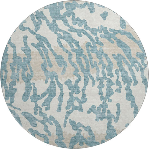8' Teal And Ivory Animal Print Washable Round Rug With UV Protection