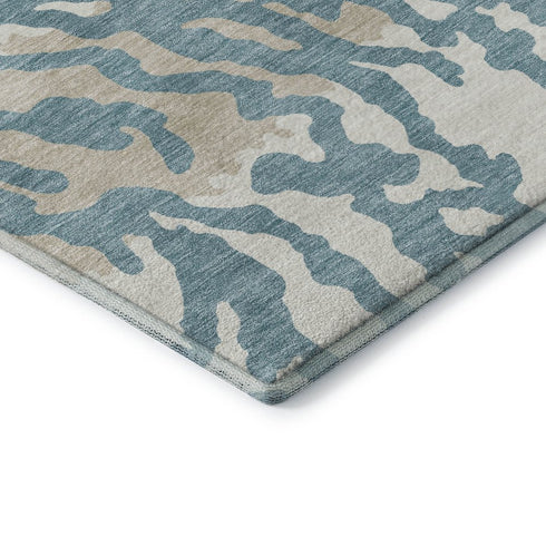 8' Teal And Ivory Animal Print Washable Round Rug With UV Protection