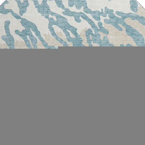 8' Teal And Ivory Animal Print Washable Round Rug With UV Protection