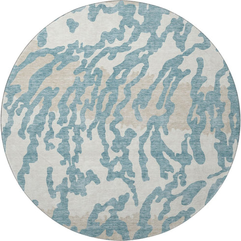 8' Teal And Ivory Animal Print Washable Round Rug With UV Protection