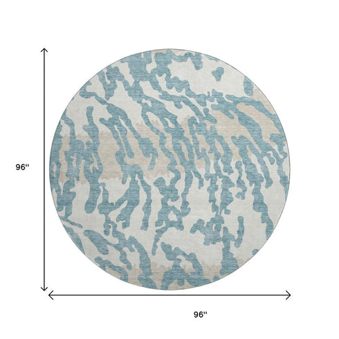 8' Teal And Ivory Animal Print Washable Round Rug With UV Protection