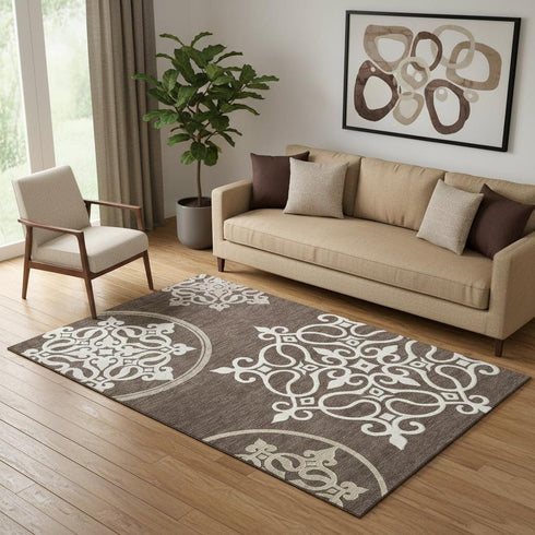 5' X 8' Chocolate And Ivory Floral Medallion Washable Area Rug With UV Protection