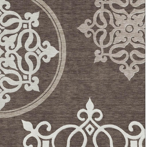 5' X 8' Chocolate And Ivory Floral Medallion Washable Area Rug With UV Protection
