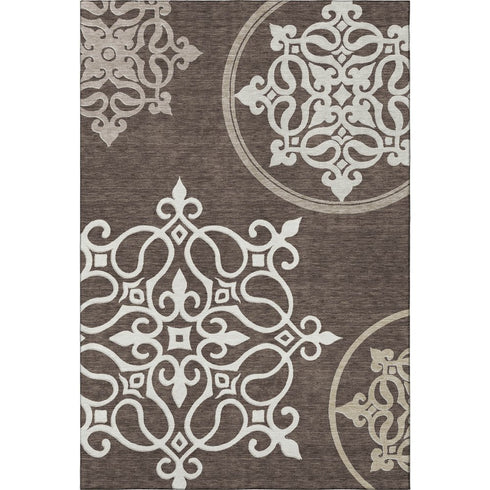 5' X 8' Chocolate And Ivory Floral Medallion Washable Area Rug With UV Protection