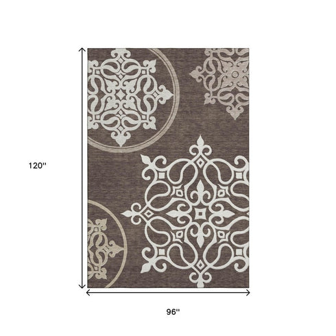 8' X 10' Chocolate And Ivory Floral Medallion Washable Area Rug With UV Protection
