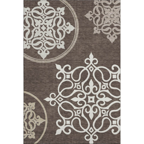 8' X 10' Chocolate And Ivory Floral Medallion Washable Area Rug With UV Protection