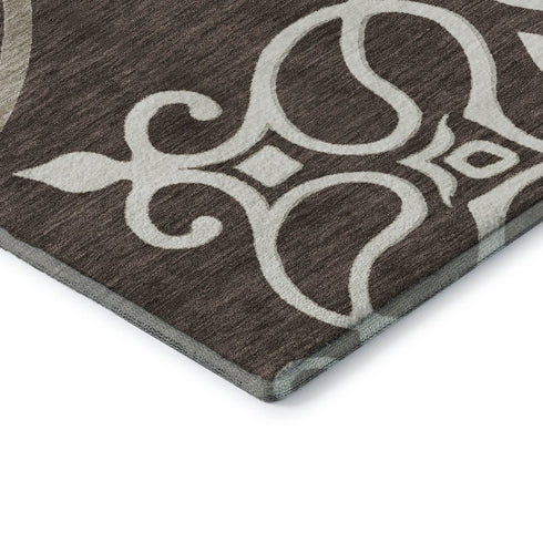 8' X 10' Chocolate And Ivory Floral Medallion Washable Area Rug With UV Protection