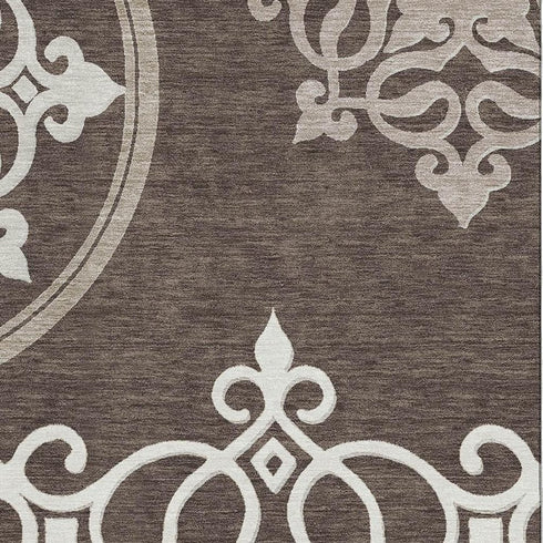 8' X 10' Chocolate And Ivory Floral Medallion Washable Area Rug With UV Protection
