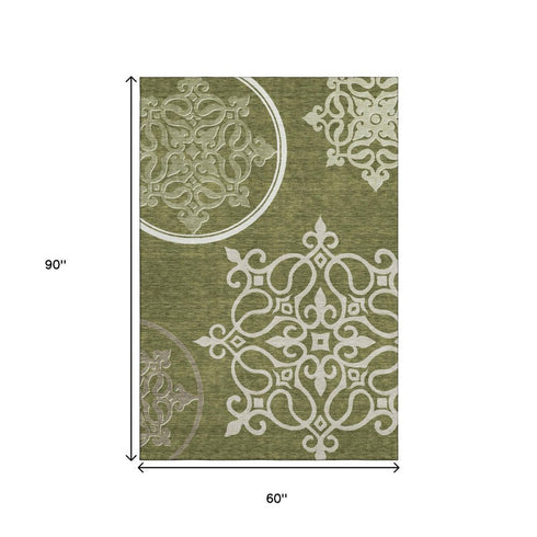 5' X 8' Olive Green Ivory And Beige Floral Medallion Washable Area Rug With UV Protection
