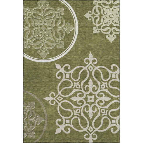 5' X 8' Olive Green Ivory And Beige Floral Medallion Washable Area Rug With UV Protection