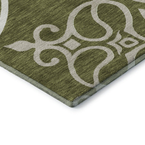 5' X 8' Olive Green Ivory And Beige Floral Medallion Washable Area Rug With UV Protection