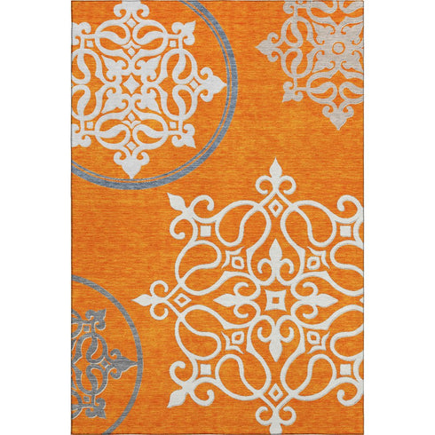 8' X 10' Orange Ivory And Gray Floral Medallion Washable Area Rug With UV Protection