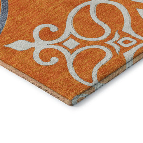 8' X 10' Orange Ivory And Gray Floral Medallion Washable Area Rug With UV Protection
