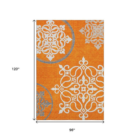 8' X 10' Orange Ivory And Gray Floral Medallion Washable Area Rug With UV Protection
