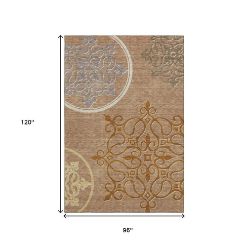 8' X 10' Terra Cotta Gray And Gold Floral Medallion Washable Area Rug With UV Protection