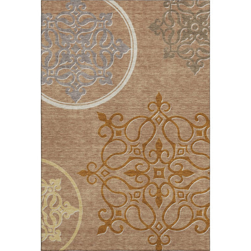8' X 10' Terra Cotta Gray And Gold Floral Medallion Washable Area Rug With UV Protection