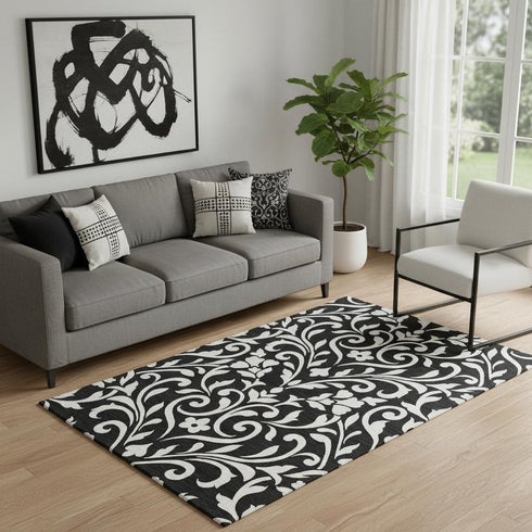 5' X 8' Black And Ivory Floral Washable Area Rug With UV Protection