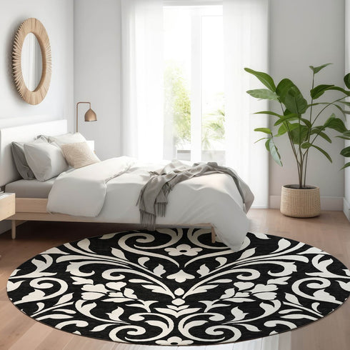8' Black And Ivory Floral Washable Round Rug With UV Protection