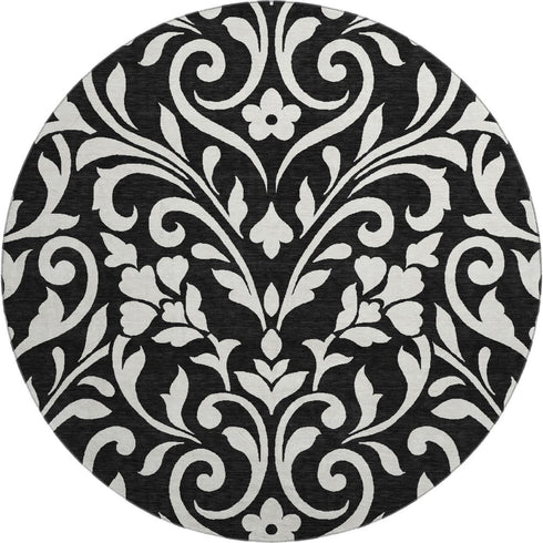 8' Black And Ivory Floral Washable Round Rug With UV Protection