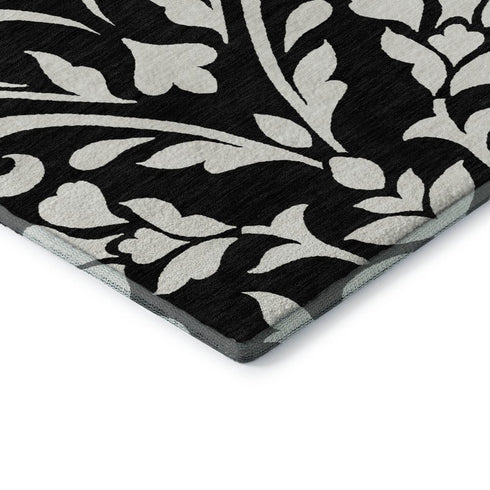 8' Black And Ivory Floral Washable Round Rug With UV Protection