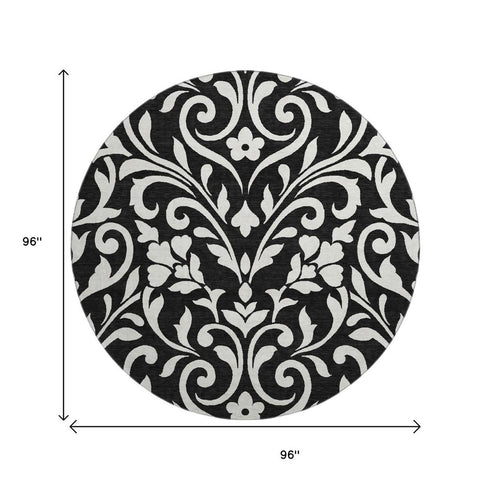 8' Black And Ivory Floral Washable Round Rug With UV Protection