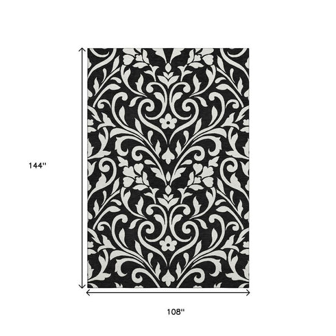 9' X 12' Black And Ivory Floral Washable Area Rug With UV Protection