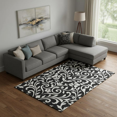 9' X 12' Black And Ivory Floral Washable Area Rug With UV Protection