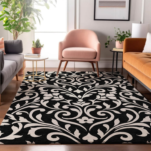9' X 12' Black And Ivory Floral Washable Area Rug With UV Protection