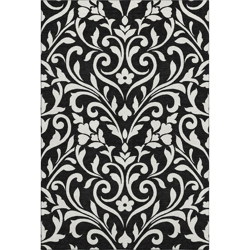 9' X 12' Black And Ivory Floral Washable Area Rug With UV Protection