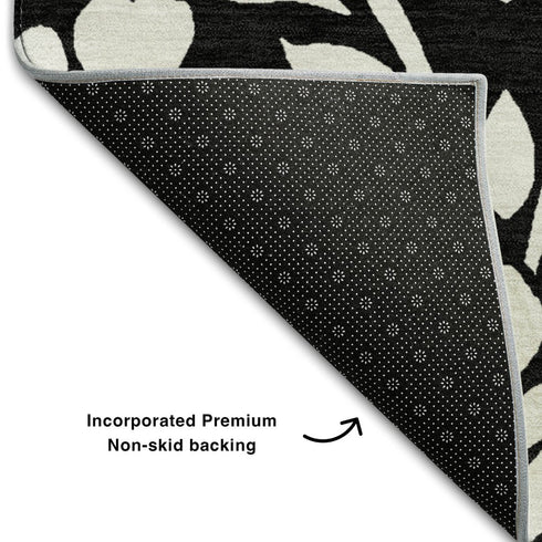 9' X 12' Black And Ivory Floral Washable Area Rug With UV Protection