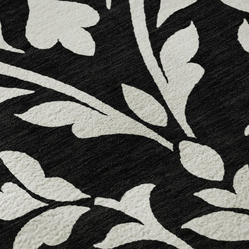 9' X 12' Black And Ivory Floral Washable Area Rug With UV Protection
