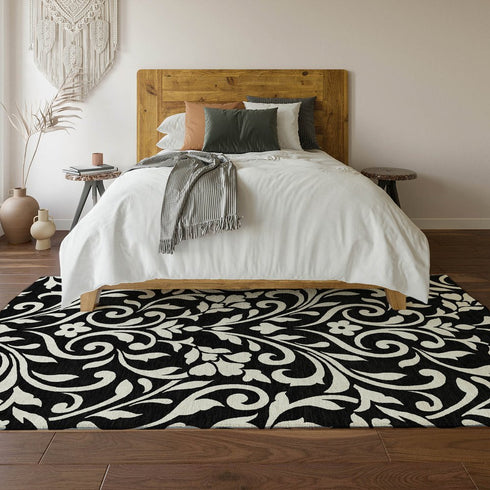 9' X 12' Black And Ivory Floral Washable Area Rug With UV Protection