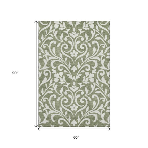 5' X 8' Fern Green And Beige Floral Washable Area Rug With UV Protection