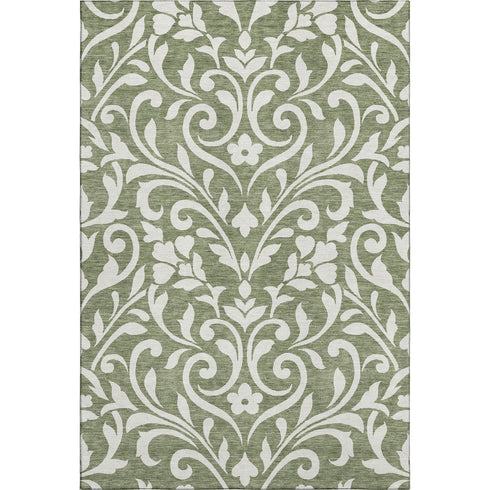5' X 8' Fern Green And Beige Floral Washable Area Rug With UV Protection