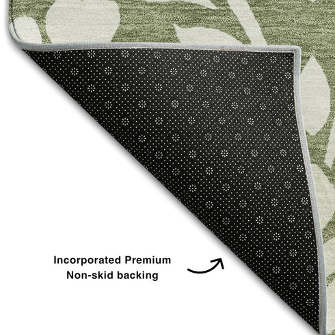 5' X 8' Fern Green And Beige Floral Washable Area Rug With UV Protection