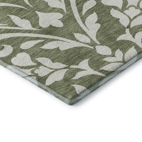 5' X 8' Fern Green And Beige Floral Washable Area Rug With UV Protection