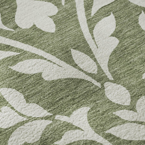 5' X 8' Fern Green And Beige Floral Washable Area Rug With UV Protection