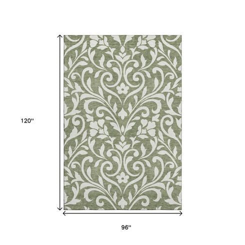 8' X 10' Fern Green And Beige Floral Washable Area Rug With UV Protection
