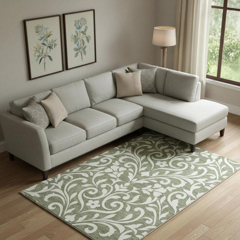8' X 10' Fern Green And Beige Floral Washable Area Rug With UV Protection