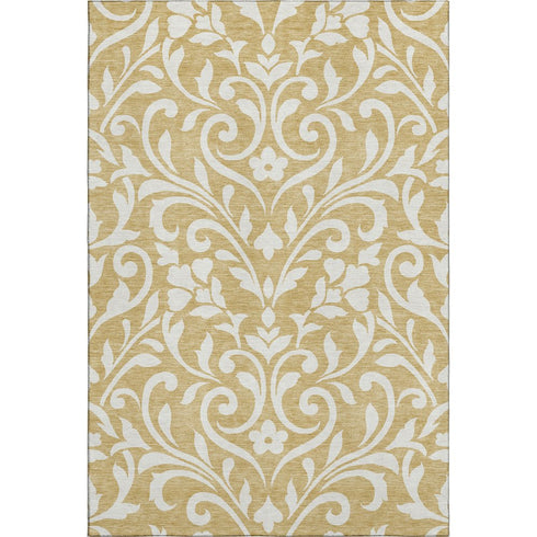 5' X 8' Gold And Ivory Floral Washable Area Rug With UV Protection