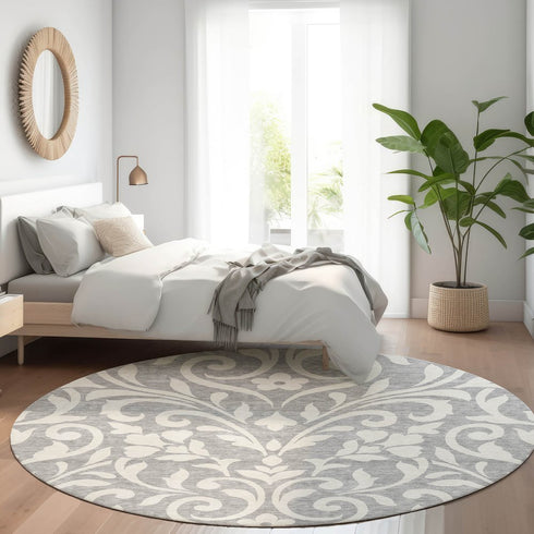 8' Gray And Ivory Floral Washable Round Rug With UV Protection