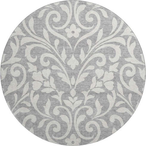 8' Gray And Ivory Floral Washable Round Rug With UV Protection
