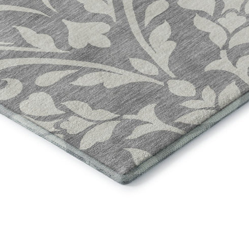 8' Gray And Ivory Floral Washable Round Rug With UV Protection